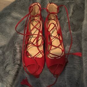Vince Camuto - size 9m- Ruby Red Nubuck Open Toe pumps.